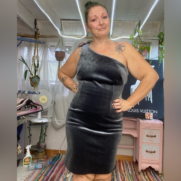 Eliza J Charcoal Gray One Sleeve Bussle Dress Size 14 Perfect for NYE - Picture 13 of 14